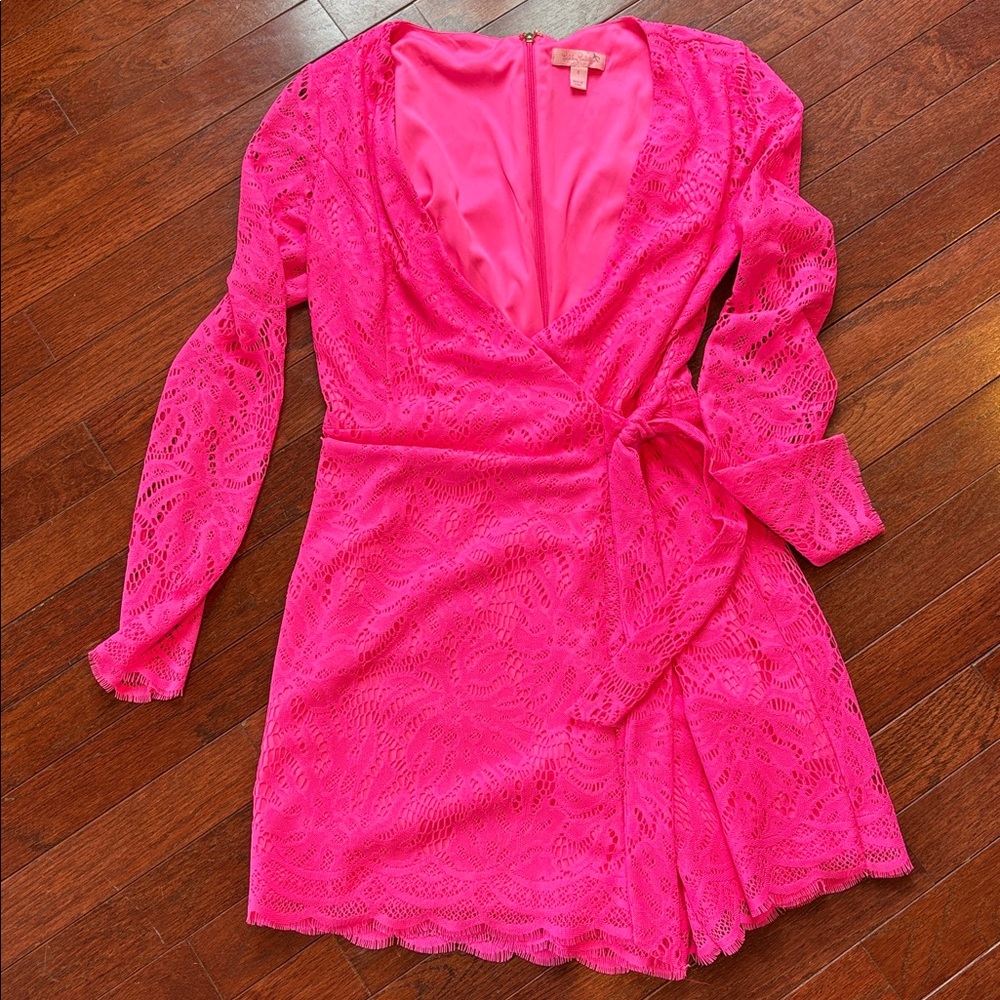 Lilly Pulitzer lace Tiki Wrap Romper In Pink size small dress shorts 1-pc - Picture 7 of 10